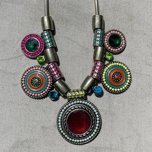 Colorful Necklace w/ Round Medallion Beads Blue & Green Rhinestone Artsy